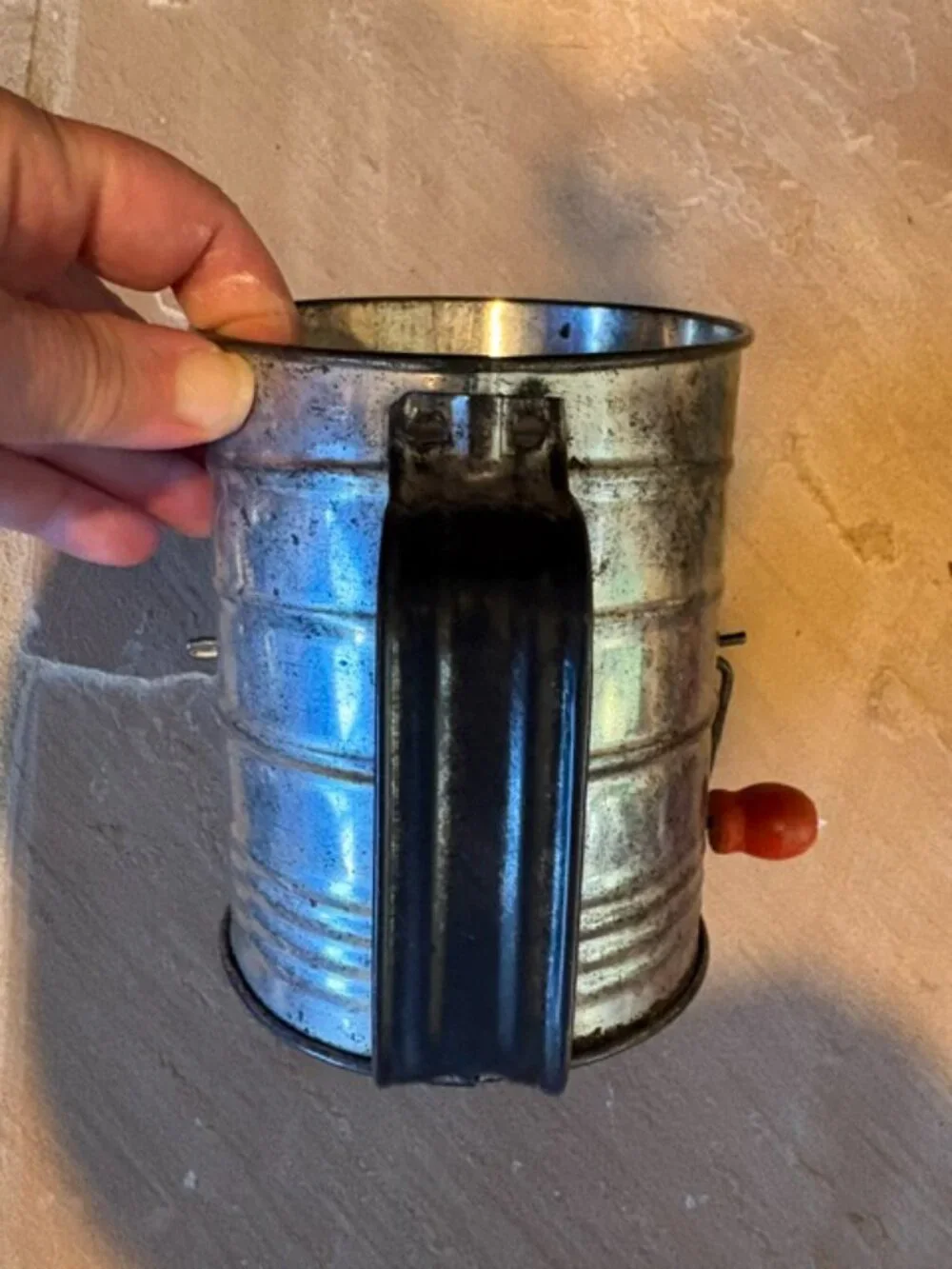 Antique Bromwell's Measuring Cup Flour Sifter Red Handle Farmhouse Rustic Decor